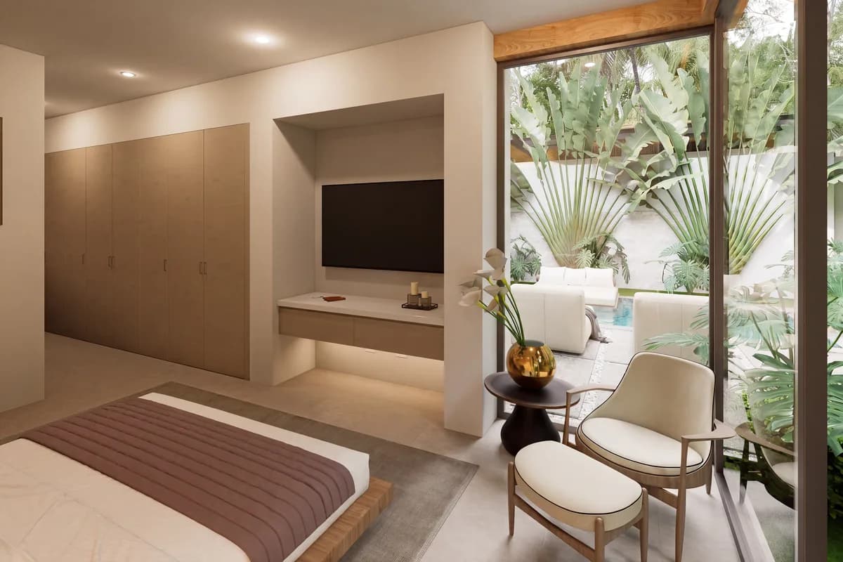 Architectural visualization of a Model C bedroom at Sueños del Mar.