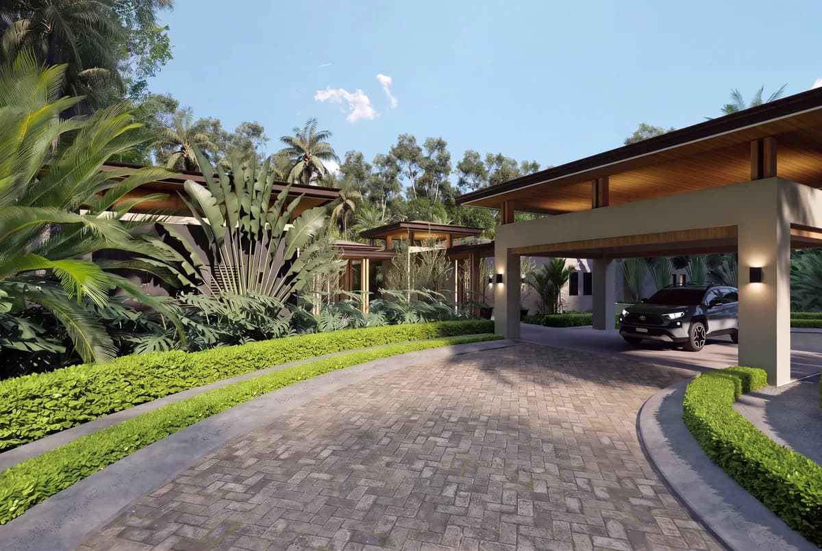 Architectural visualization of the arrival at Selva Grand House, part of the Sueños del Mar project developed by DIA S.A.